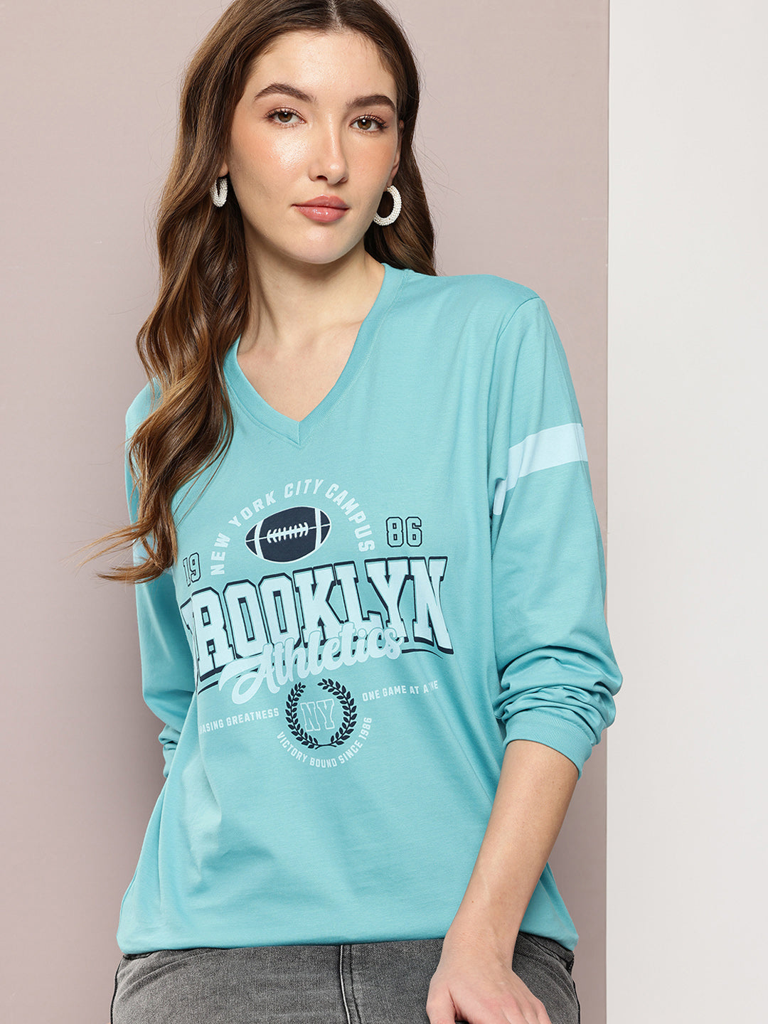 Womens Full Sleeve Round Neck Printed Oversized Fit Tshirts