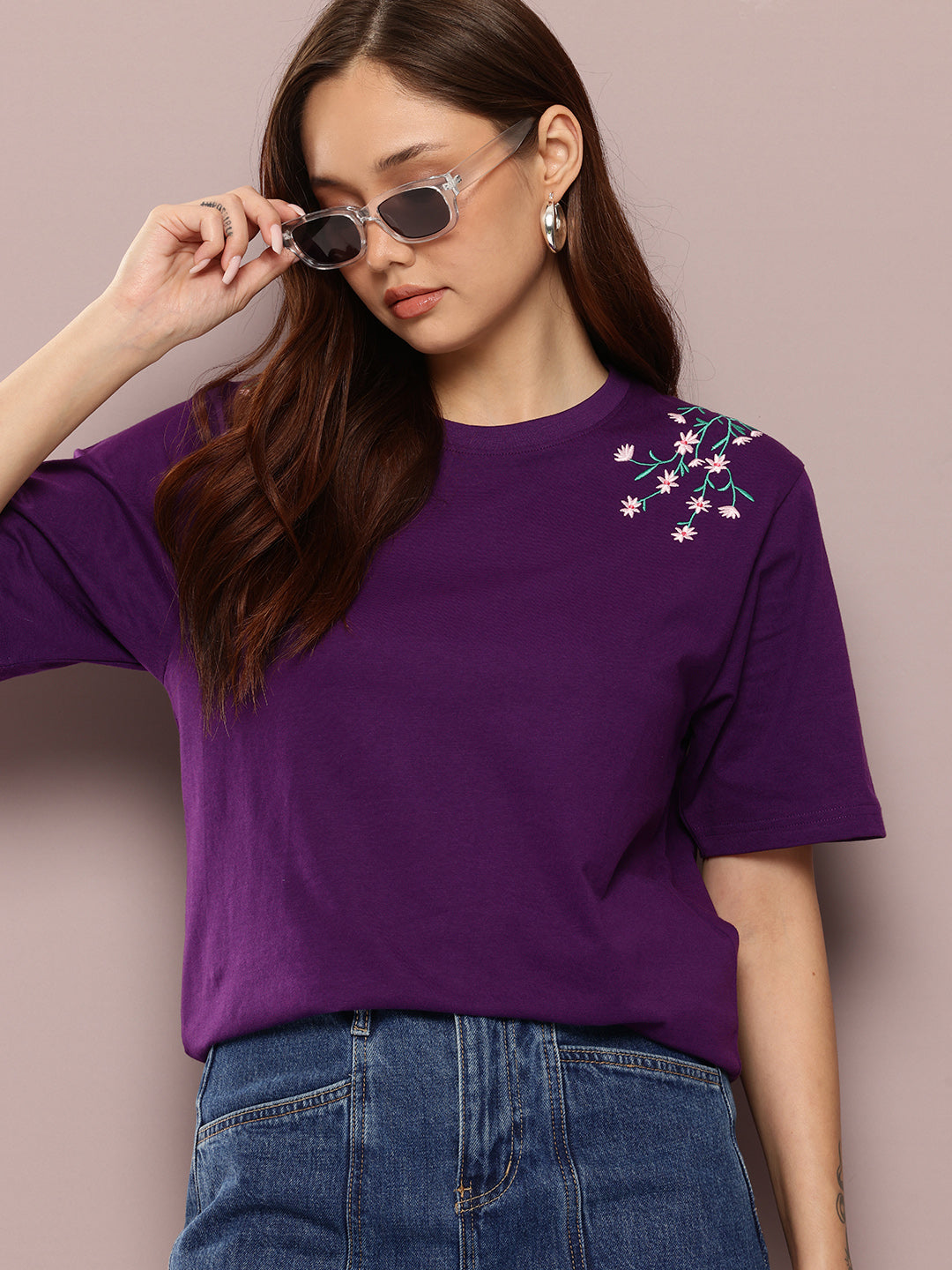 Womens Half Sleeve Round Neck Embroidered Oversized Fit Tshirts
