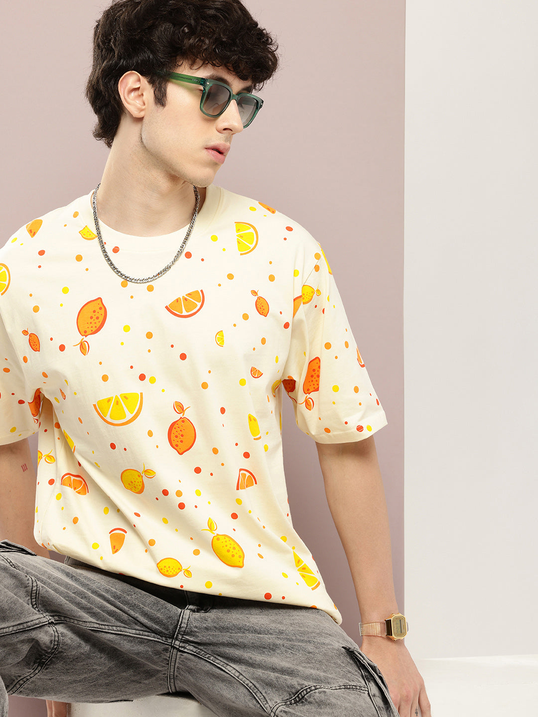 Mens Half Sleeve Round Neck All-Over Printed Oversized Fit Tshirts