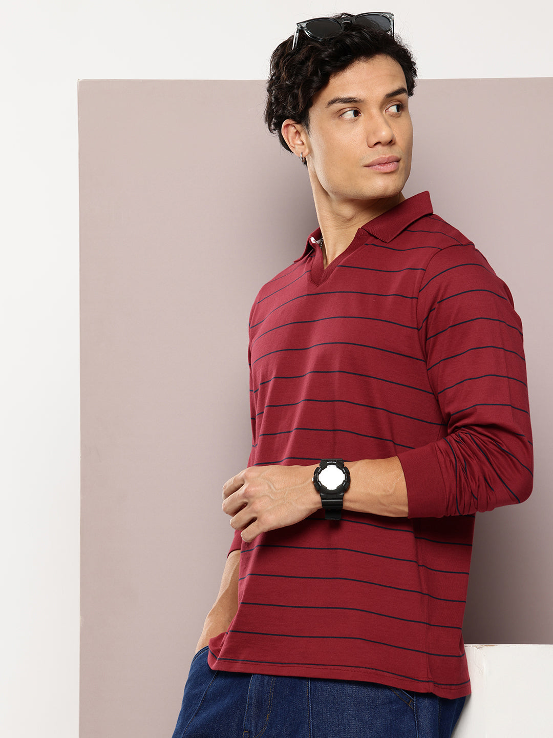 Mens Full Sleeve Polo Neck Striped Regular Fit Tshirts