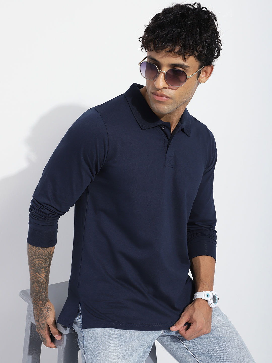 Mens Full Sleeve Polo Neck Solid Regular Fit Tshirts