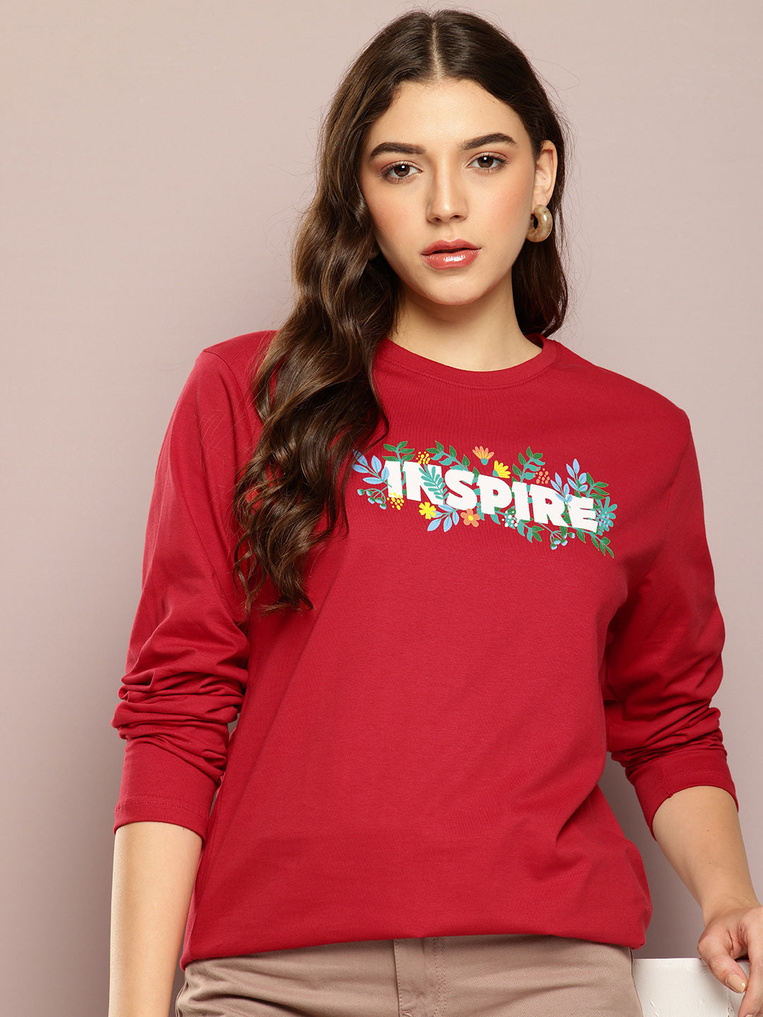 Womens Full Sleeve Round Neck Printed Oversized Fit Tshirts