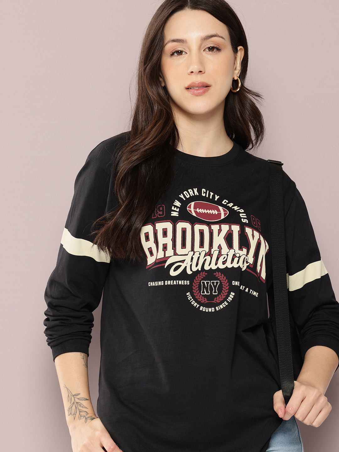 Womens Full Sleeve Round Neck Printed Oversized Fit Tshirts