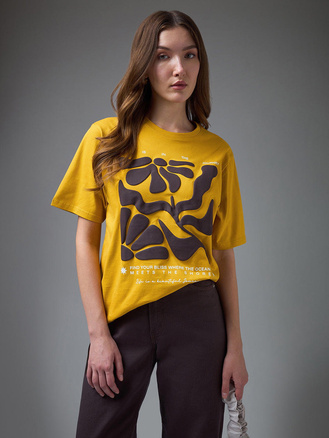 Womens Puff Printed Round Neck Oversized Fit Tshirt