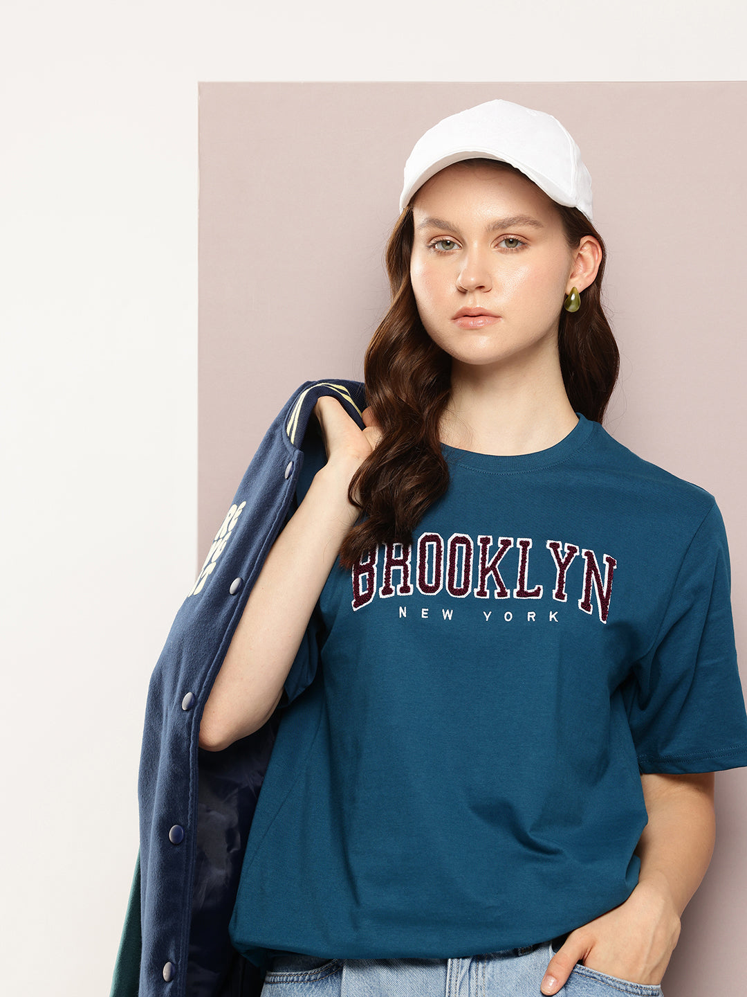 Womens Half Sleeve Round Neck Embroidery Oversized Fit Tshirts