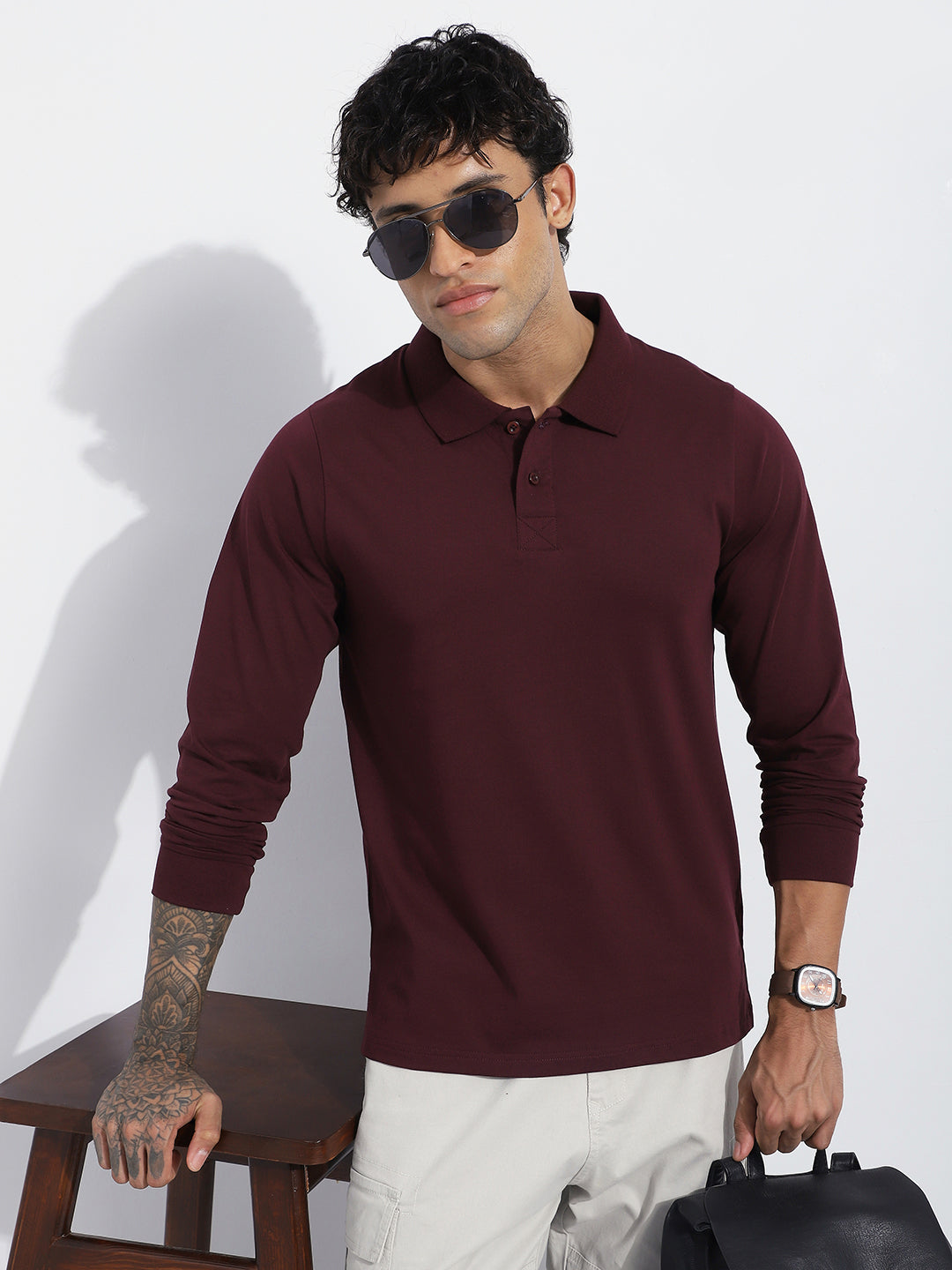 Mens Full Sleeve Polo Neck Solid Regular Fit Tshirts