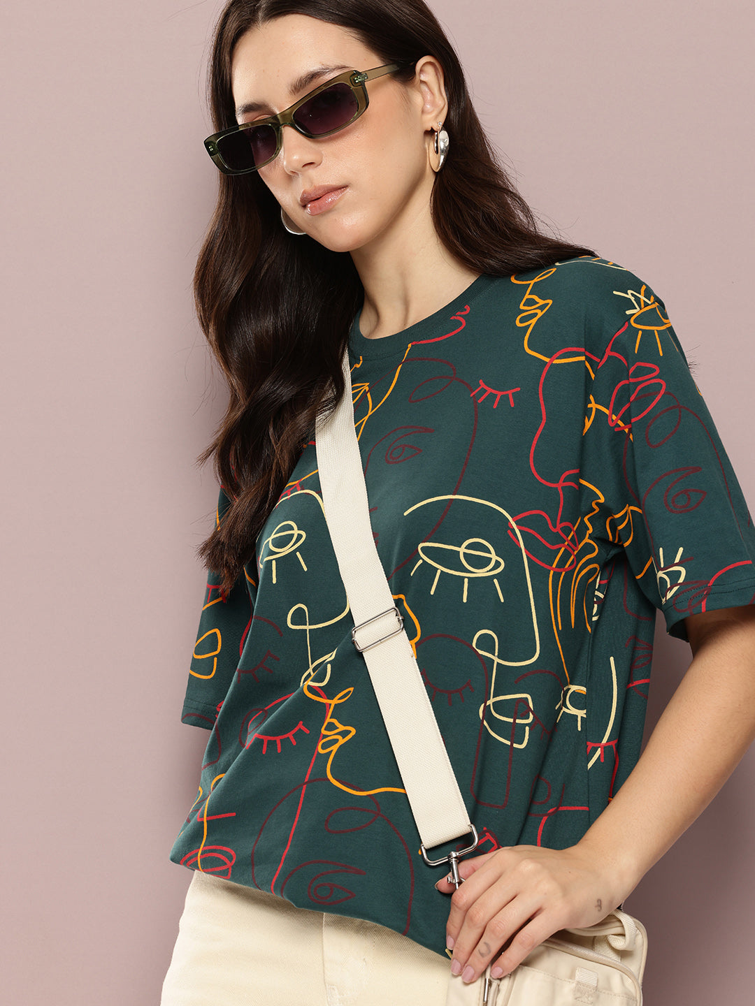 Womens Half Sleeve Round Neck All-Over Printed Oversized Fit Tshirts