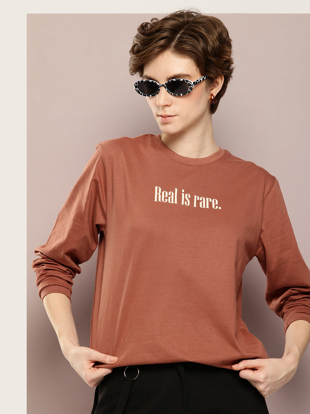 Womens Full Sleeve Round Neck Printed Oversized Fit Tshirts