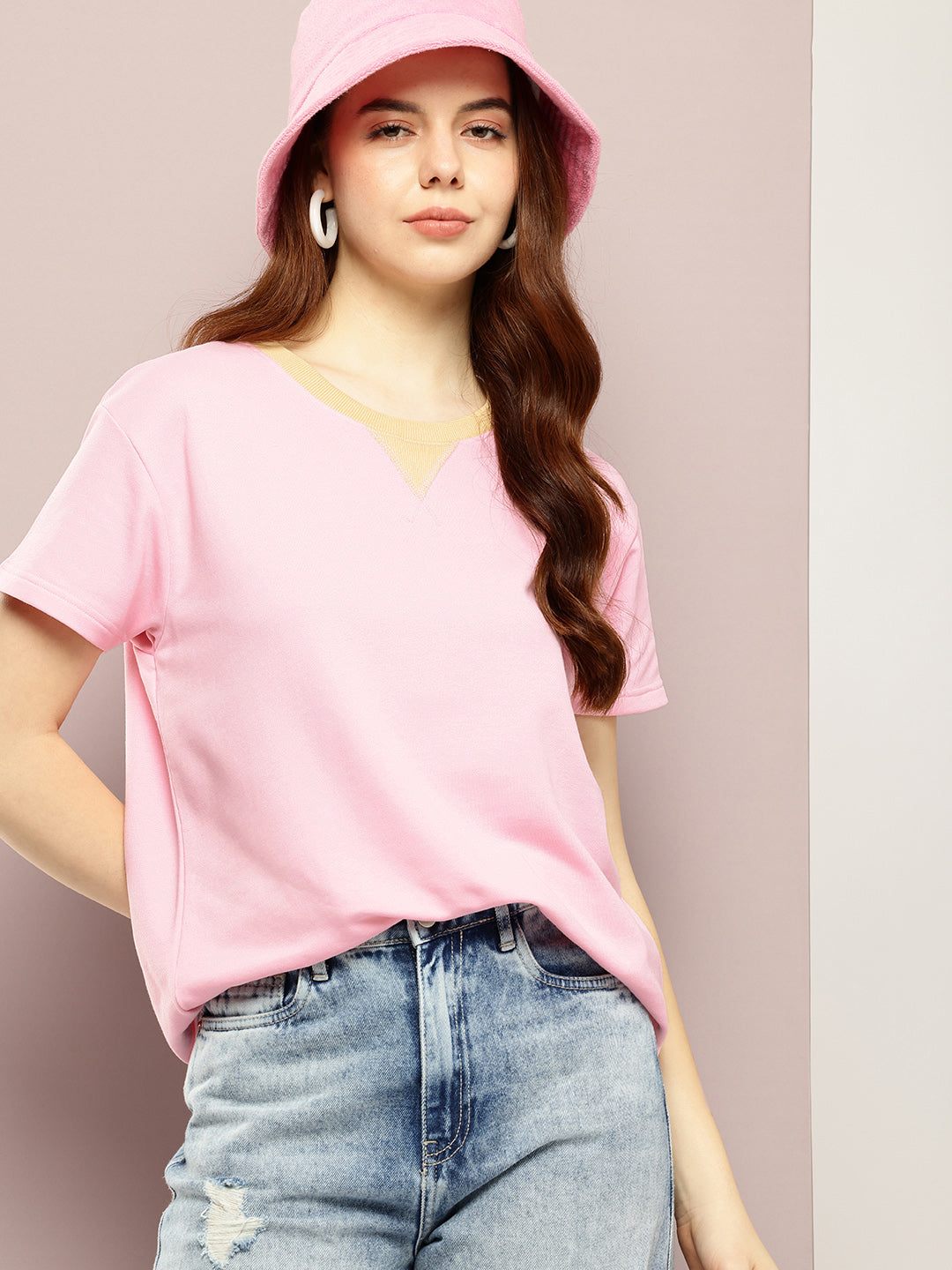 Womens Half Sleeve V-Neck Solid Boxy Fit Tshirts