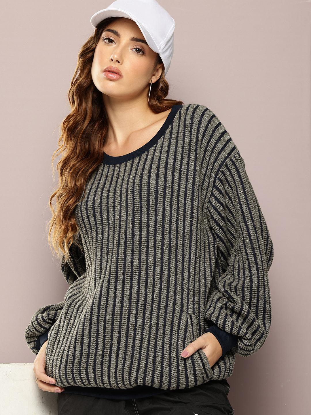 Women Long Sleeve Oversized Striped Sweatshirt