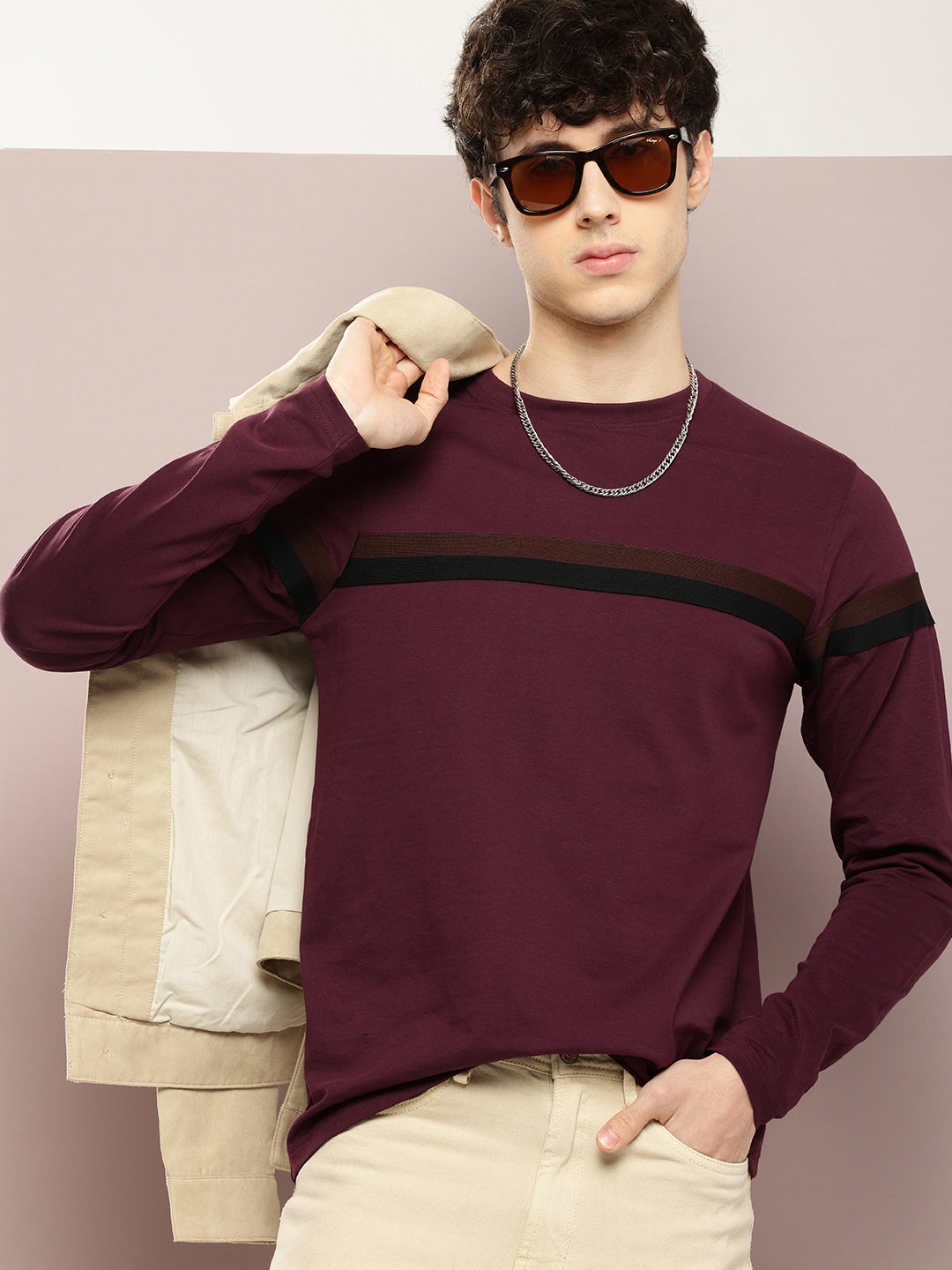 Mens Full Sleeve Round Neck Striped Regular Fit Tshirts