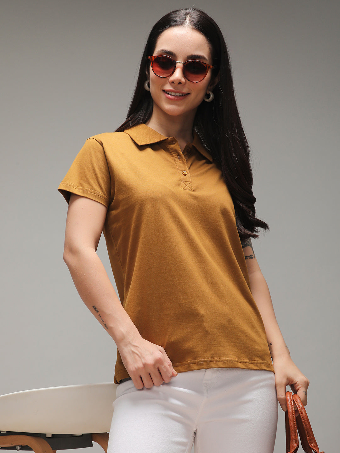 Womens Half Sleeve Polo Neck Solid Regular Fit Tshirts