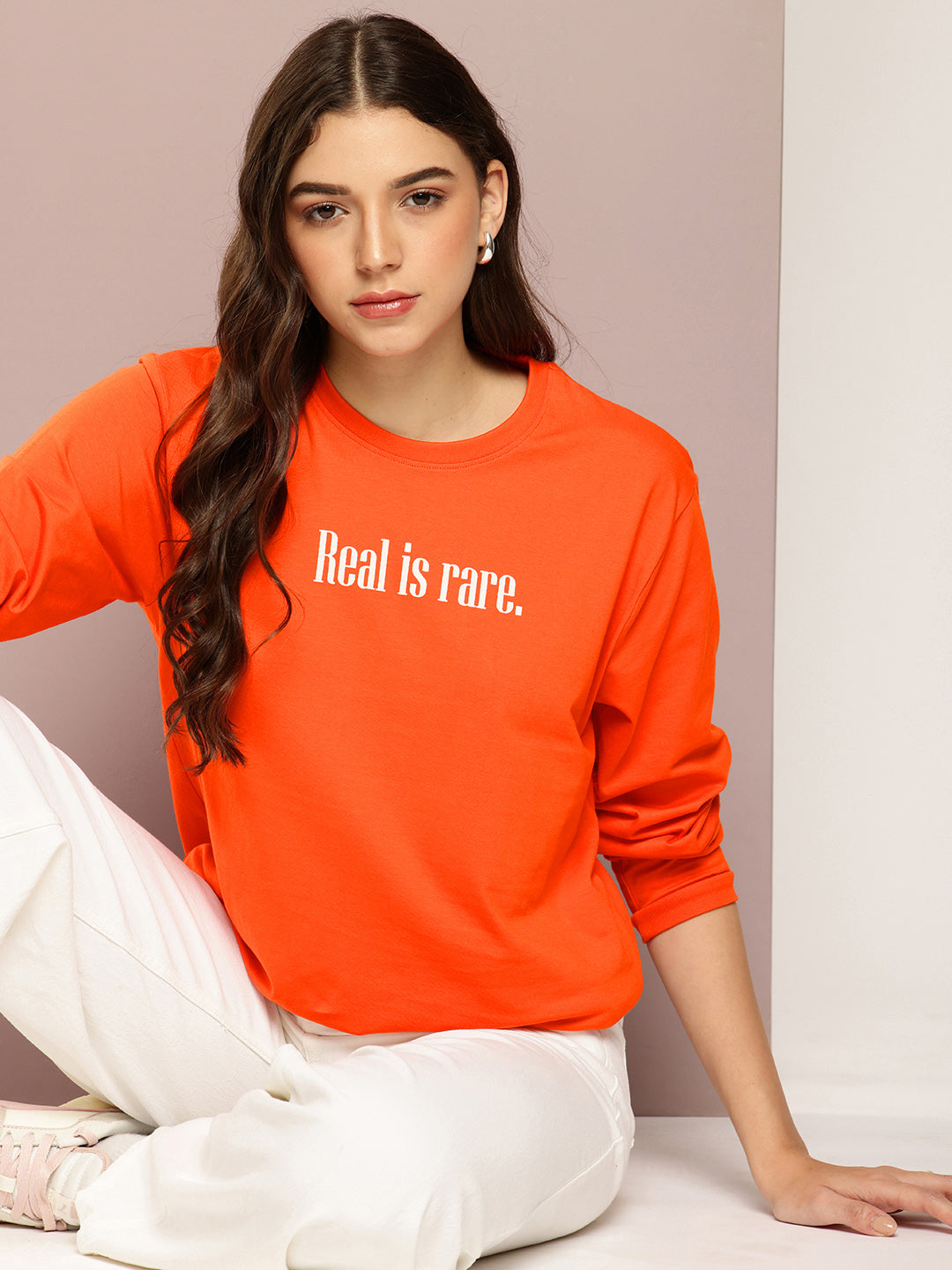 Womens Full Sleeve Round Neck Printed Oversized Fit Tshirts