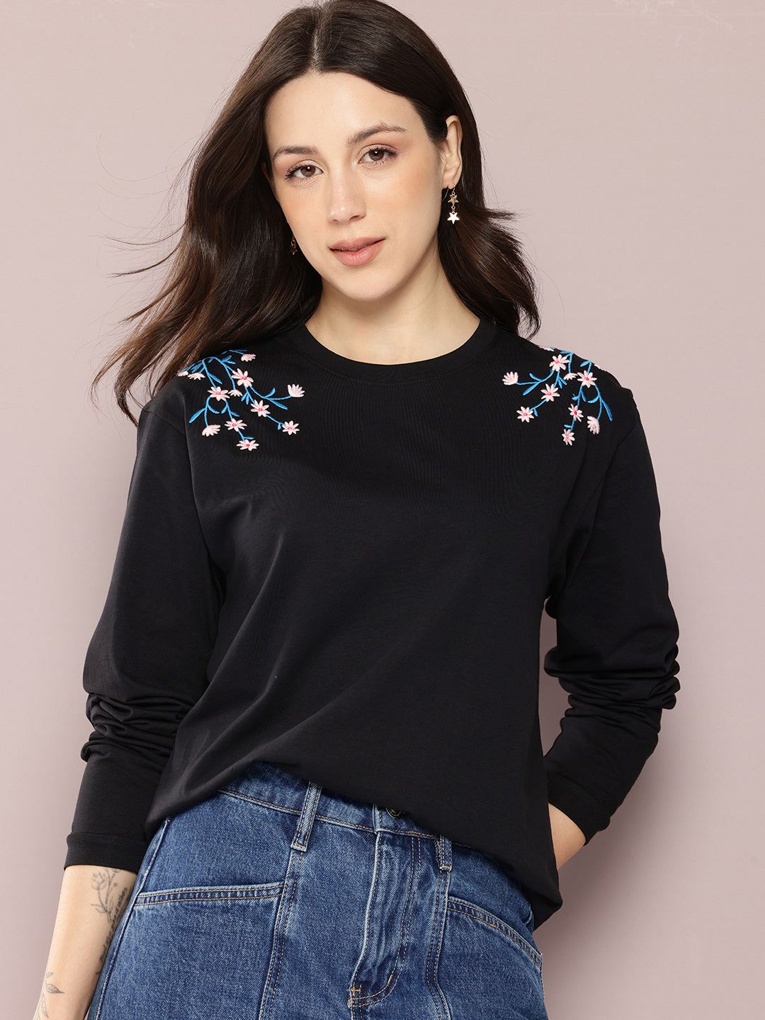 Womens Full Sleeve Round Neck Embroidered Oversized Fit Tshirts