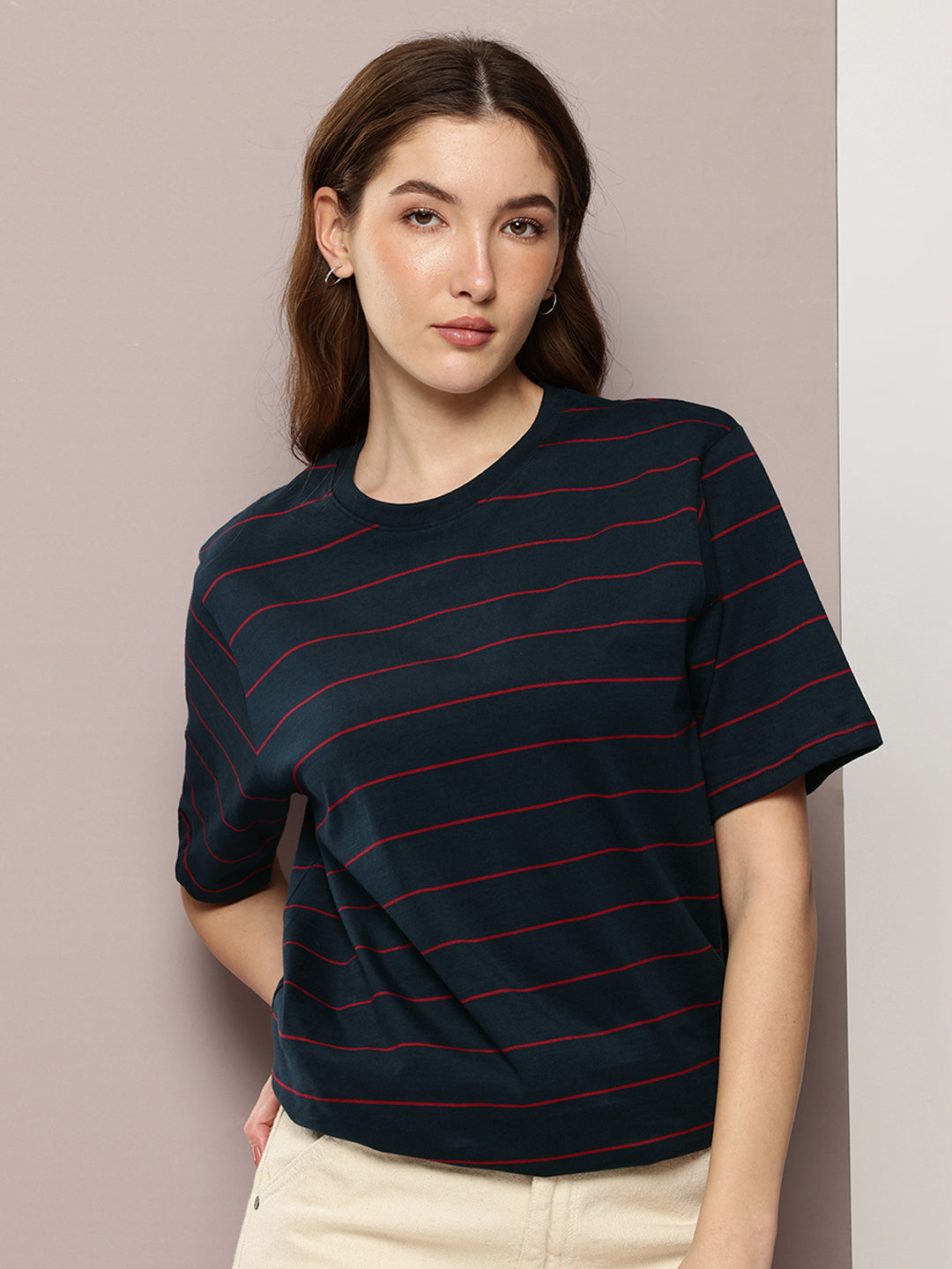 Womens Half Sleeve Round Neck Striped Oversized Fit Tshirts