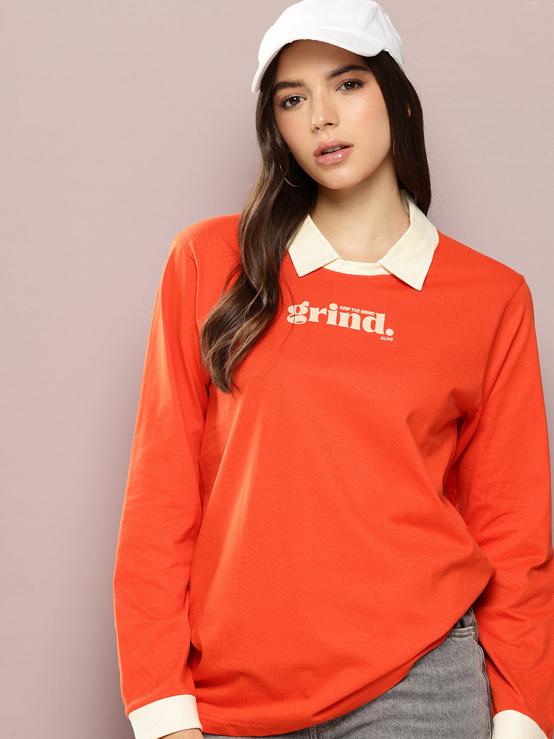 Womens Full Sleeve Polo Neck Printed Oversized Fit Tshirts