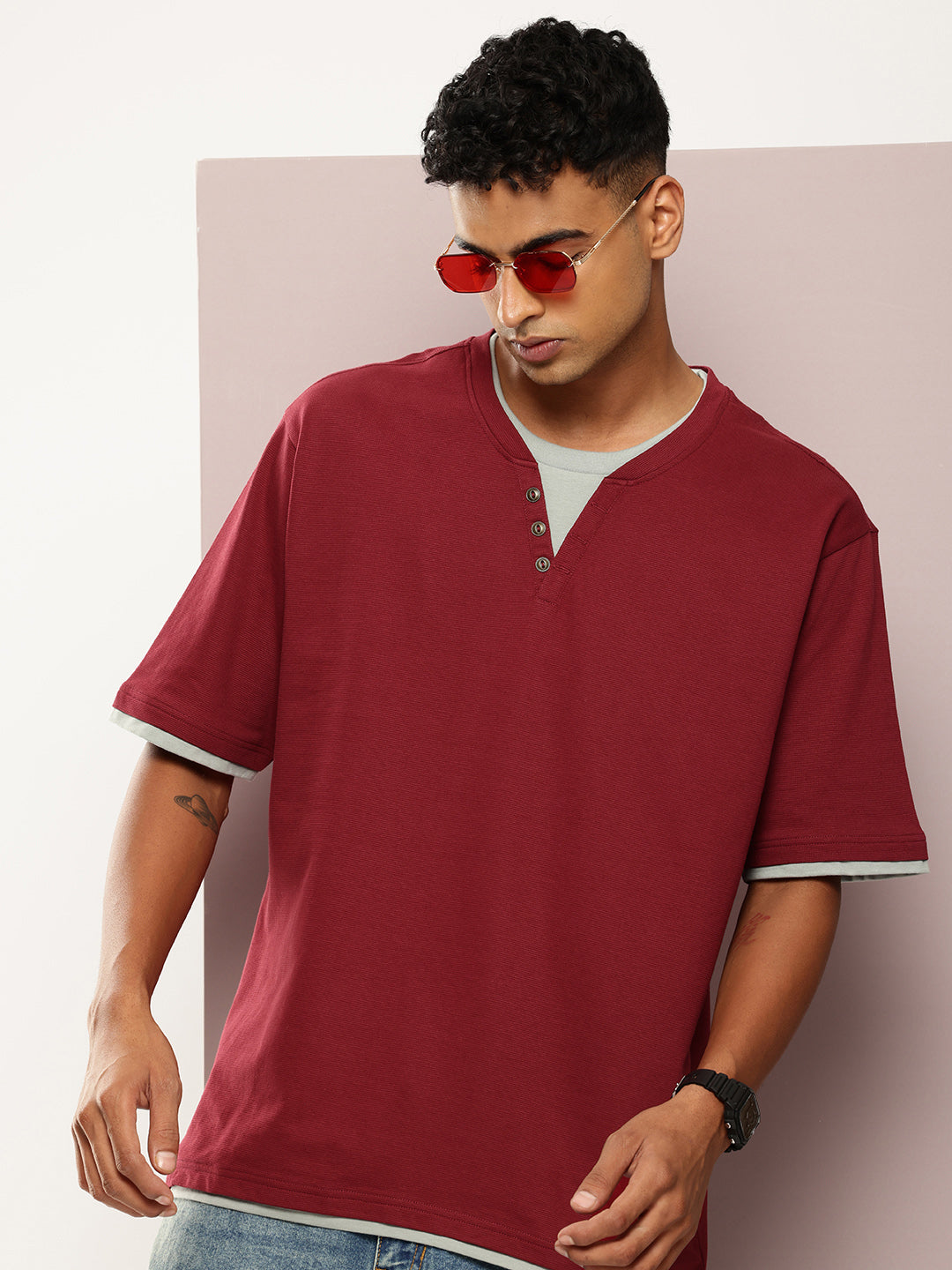 Mens Half Sleeve V-Neck Solid Oversized Fit Tshirts