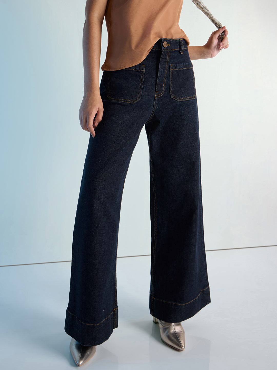 Womens Wide Leg Patch Pocket Denim Jeans Pant