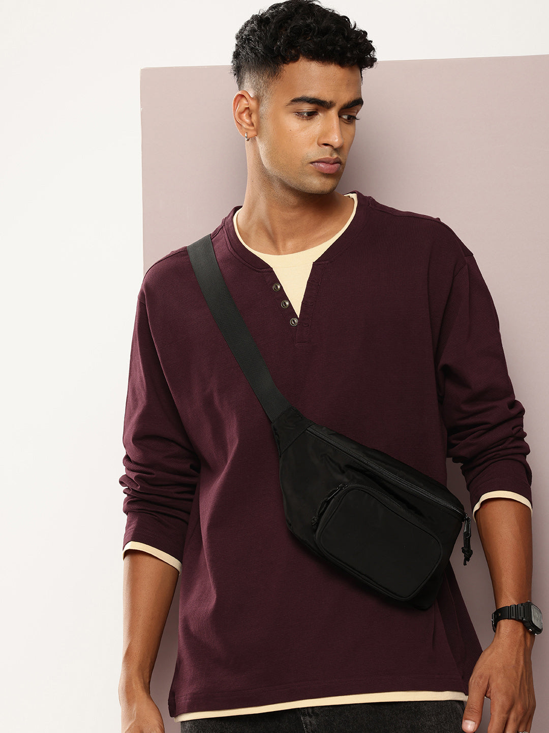 Mens Full Sleeve V-Neck Solid Oversized Fit Tshirts