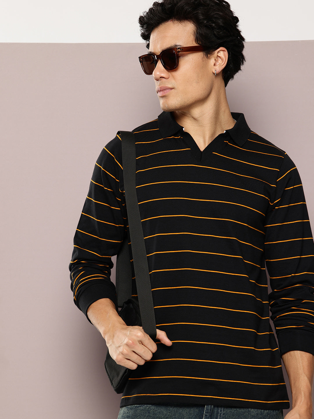Mens Full Sleeve Polo Neck Striped Regular Fit Tshirts