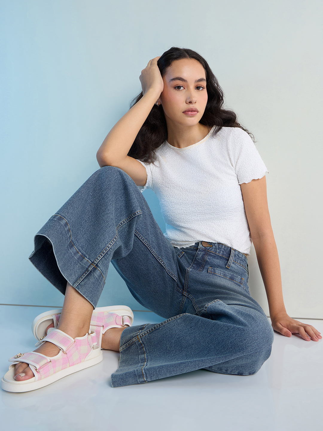 Womens Wide Leg Patch Pocket Denim Jeans Pant