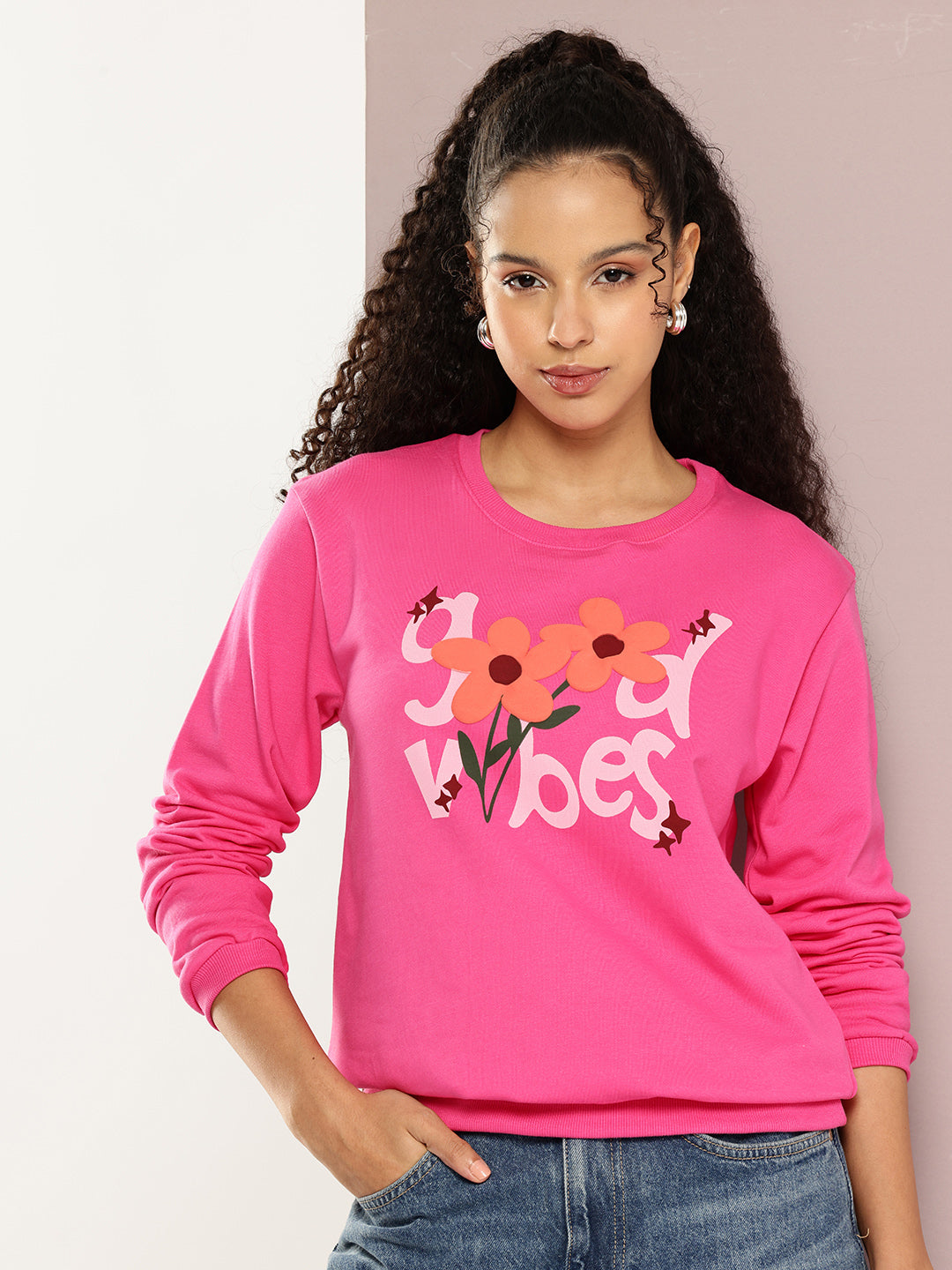 Womens Full Sleeve Round Neck Embellished Relaxed Fit Tshirts