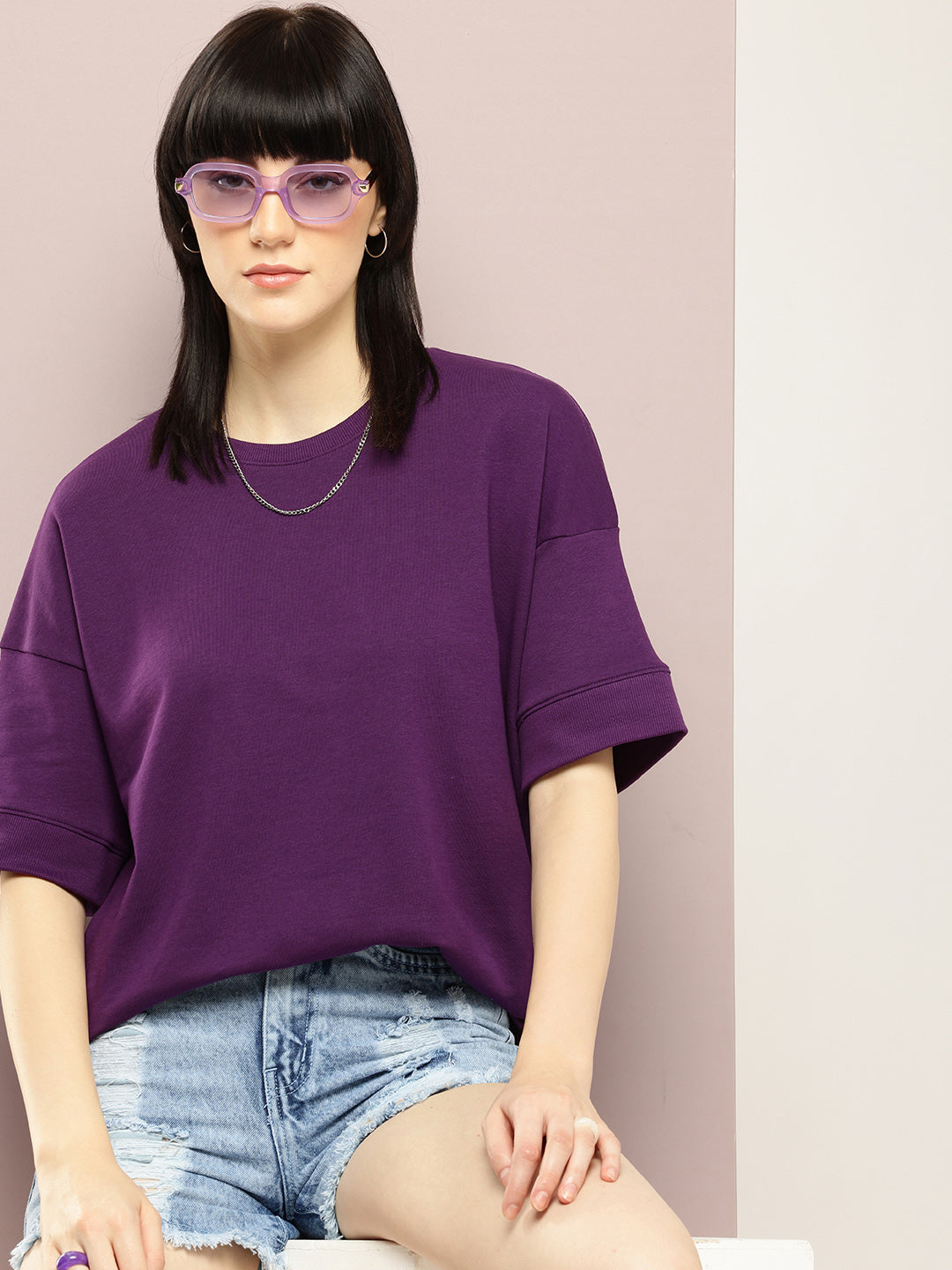 Womens Half Sleeve Round Neck Solid Oversized Fit Tshirts