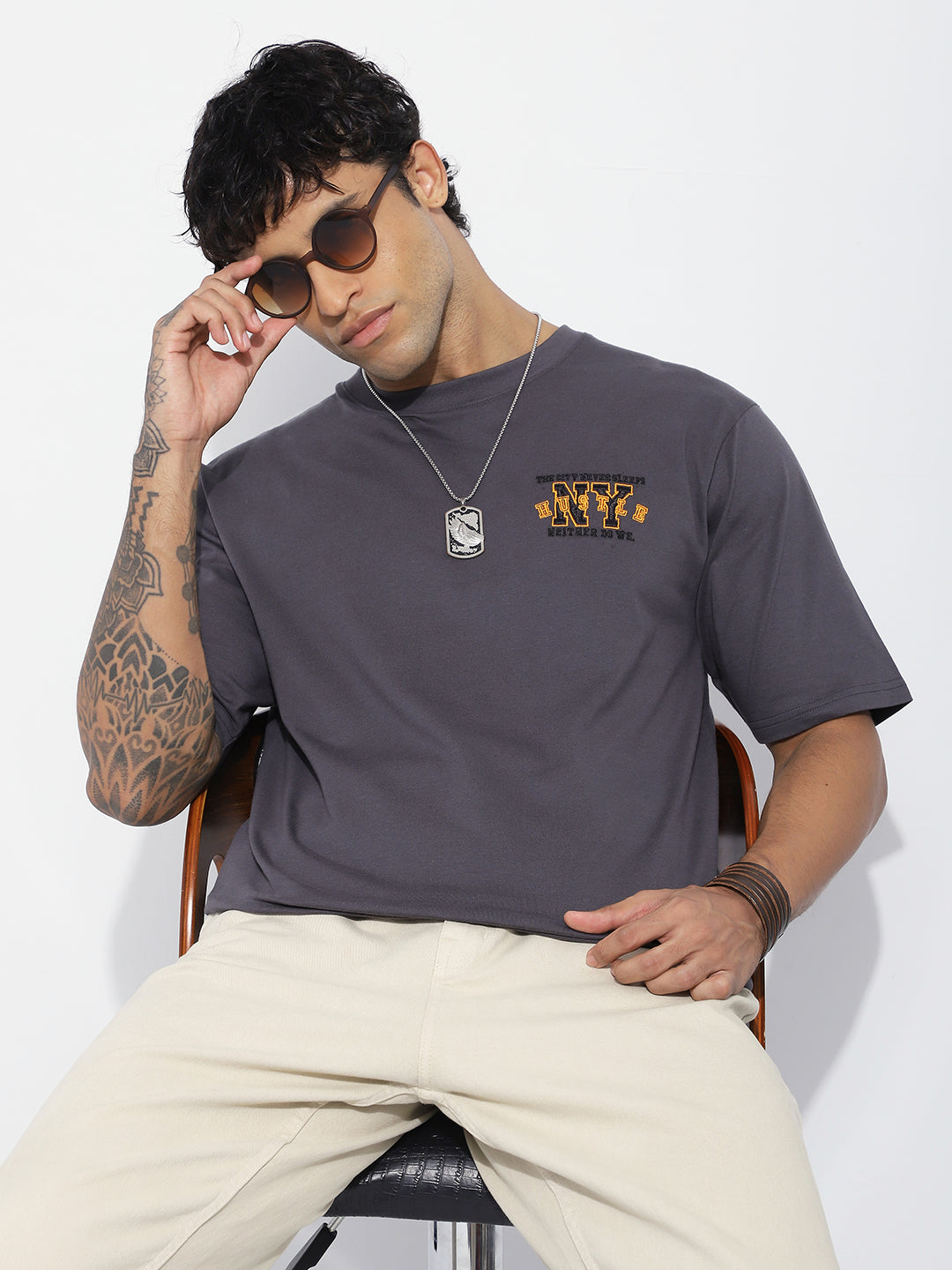 Mens Half Sleeve Round Neck Embroidered Oversized Fit Tshirts