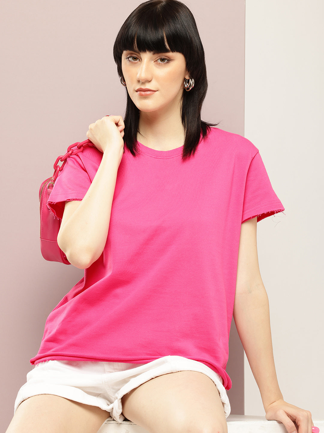 Womens Half Sleeve Round Neck Solid Boxy Fit Tshirts