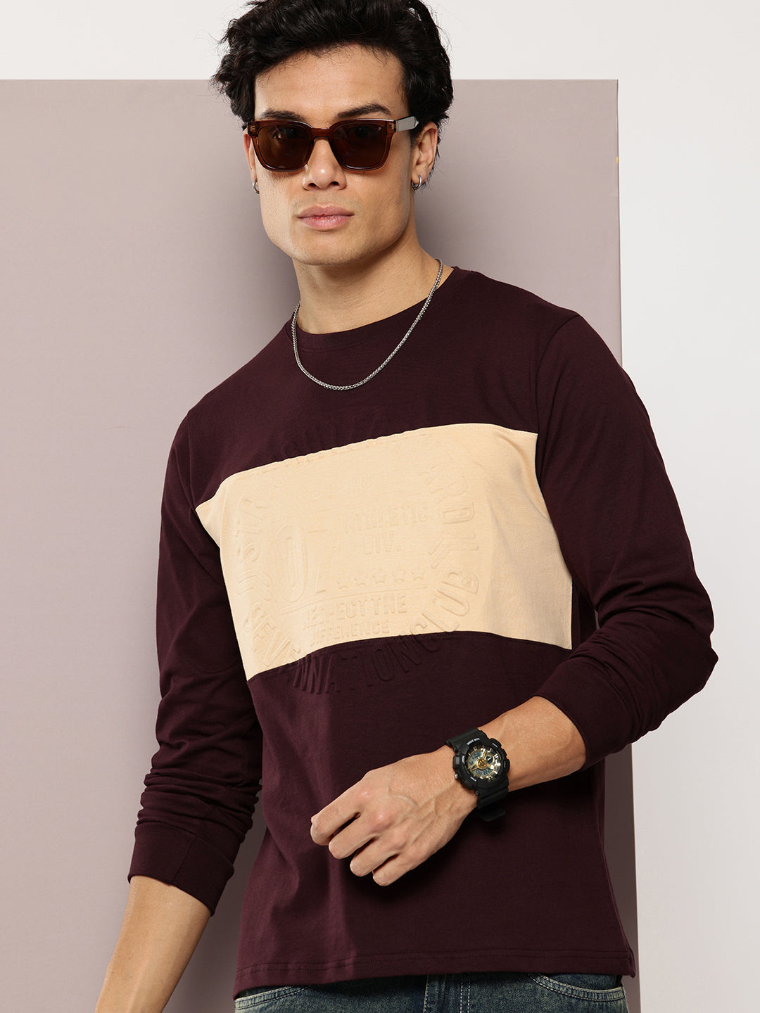 Mens Full Sleeve Round Neck Embellished Regular Fit Tshirts