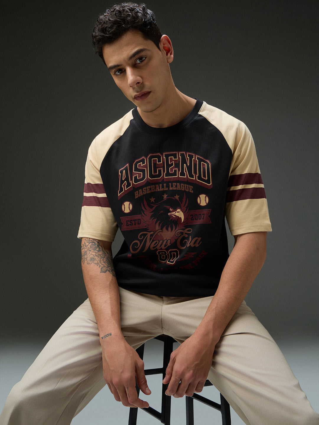 Mens Round Neck Raglan Sleeve Printed Oversized Fit Tshirt