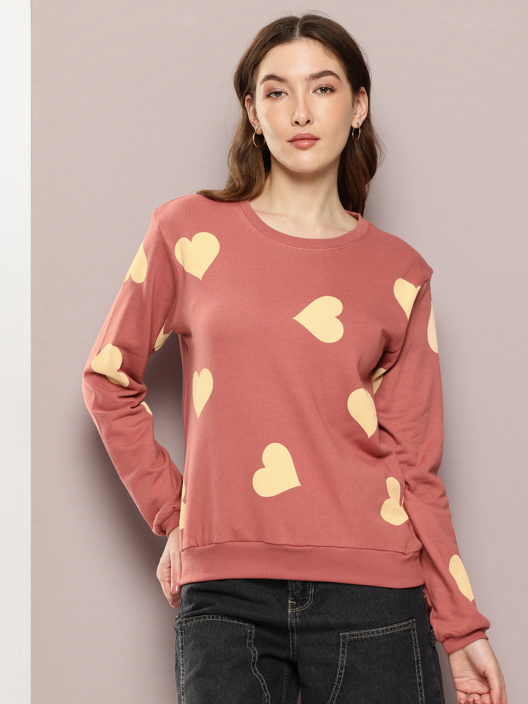 Womens Full Sleeve Round Neck Printed Relaxed Fit Tshirts
