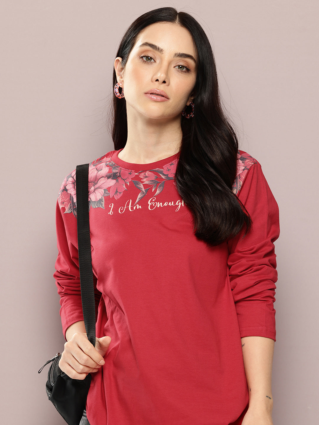 Womens Full Sleeve Round Neck Printed Oversized Fit Tshirts