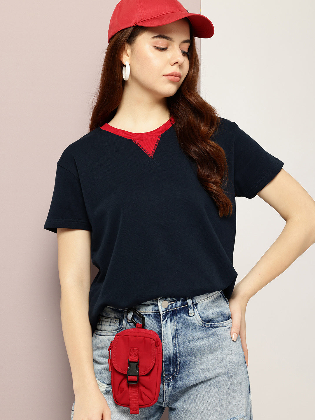 Womens Half Sleeve V-Neck Solid Boxy Fit Tshirts