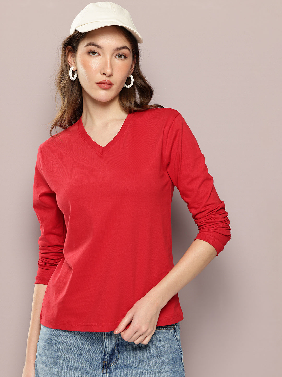 Womens Full Sleeve V-Neck Solid Regular Fit Tshirts