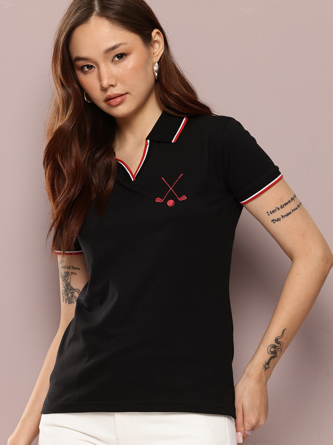 Womens Half Sleeve Polo Neck Embroidered Regular Fit Tshirts
