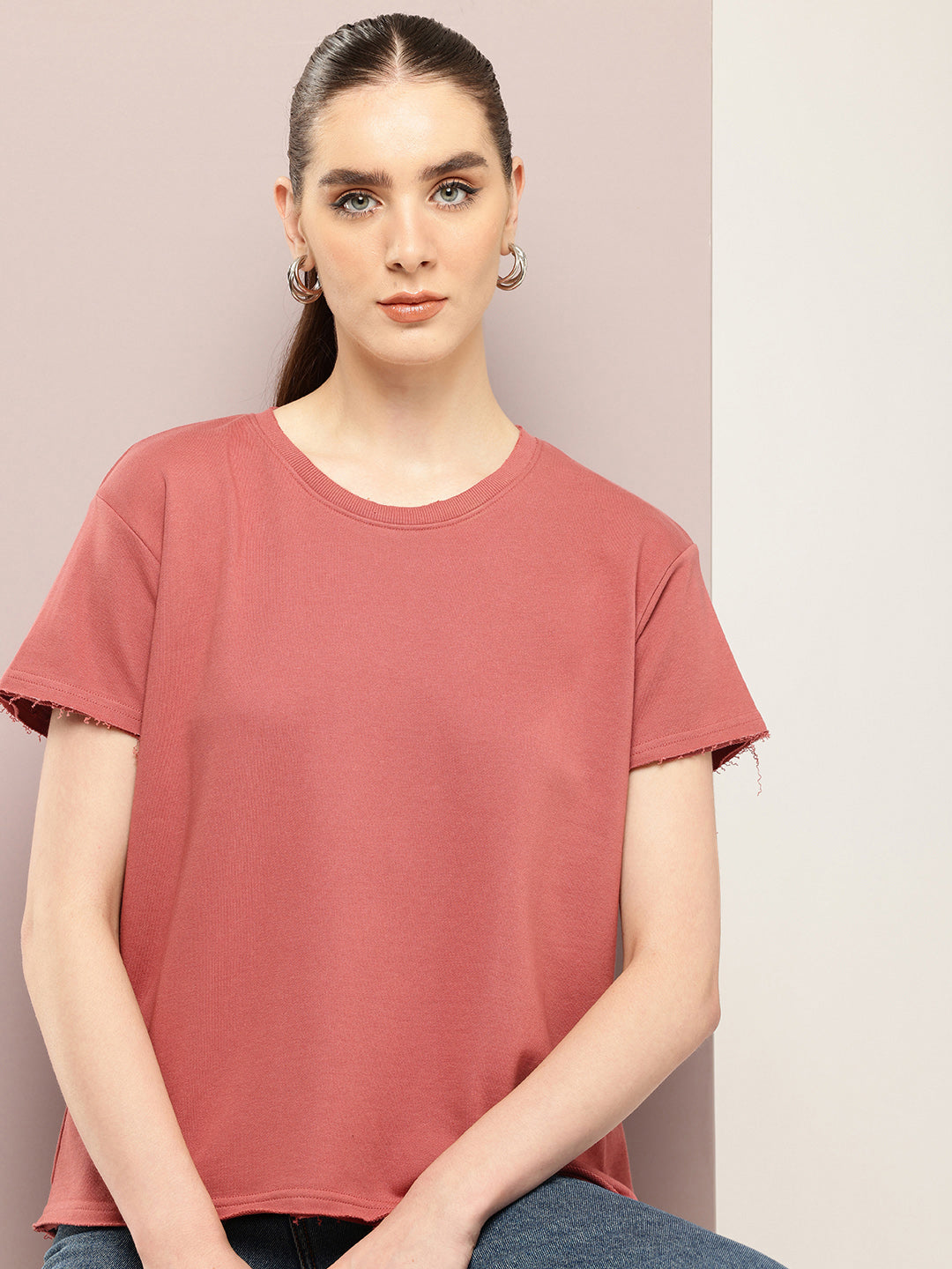 Womens Half Sleeve Round Neck Solid Boxy Fit Tshirts
