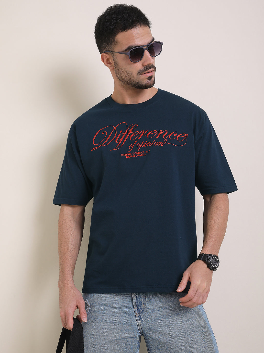 Mens Half Sleeve Round Neck Embroidered Oversized Fit Tshirts
