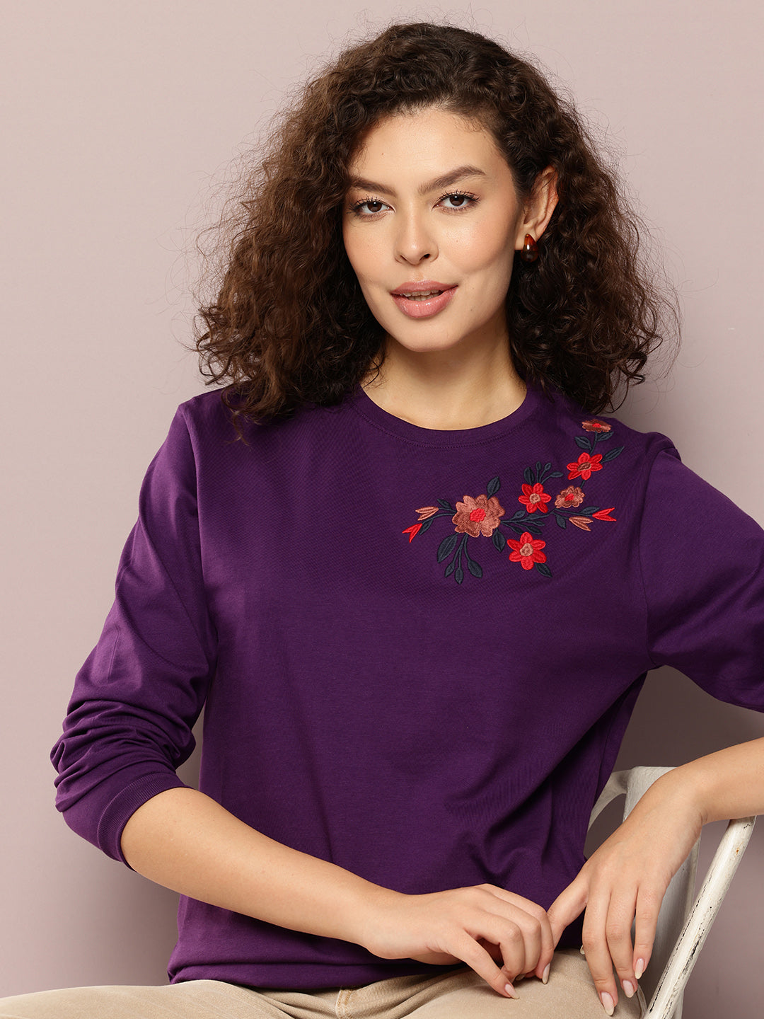 Womens Full Sleeve Round Neck Embroidered Oversized Fit Tshirts