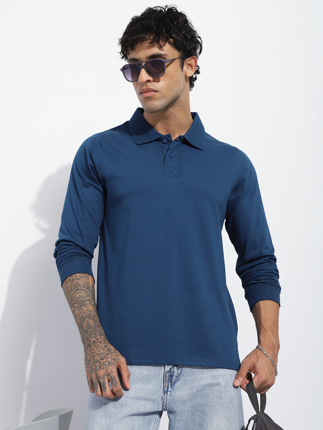Mens Full Sleeve Polo Neck Solid Regular Fit Tshirts