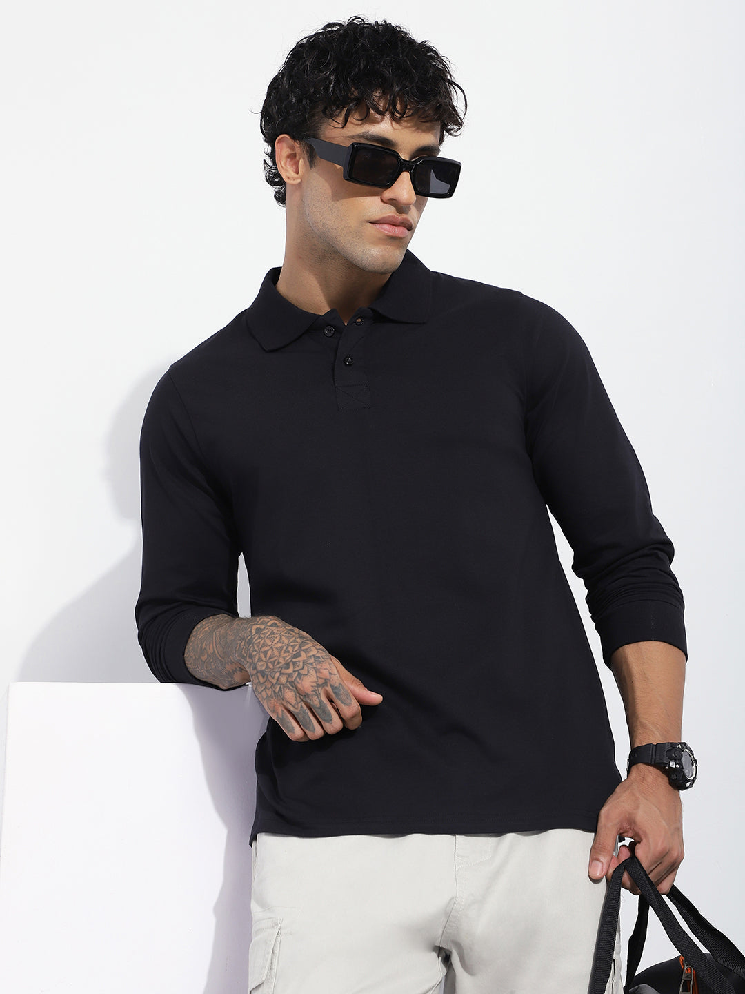 Mens Full Sleeve Polo Neck Solid Regular Fit Tshirts