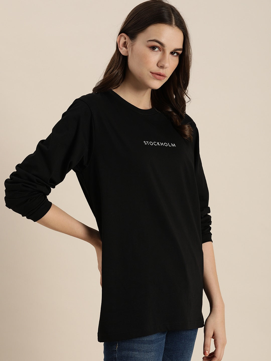 Womens Long Sleeve Round Neck Oversized Fit T-Shirt