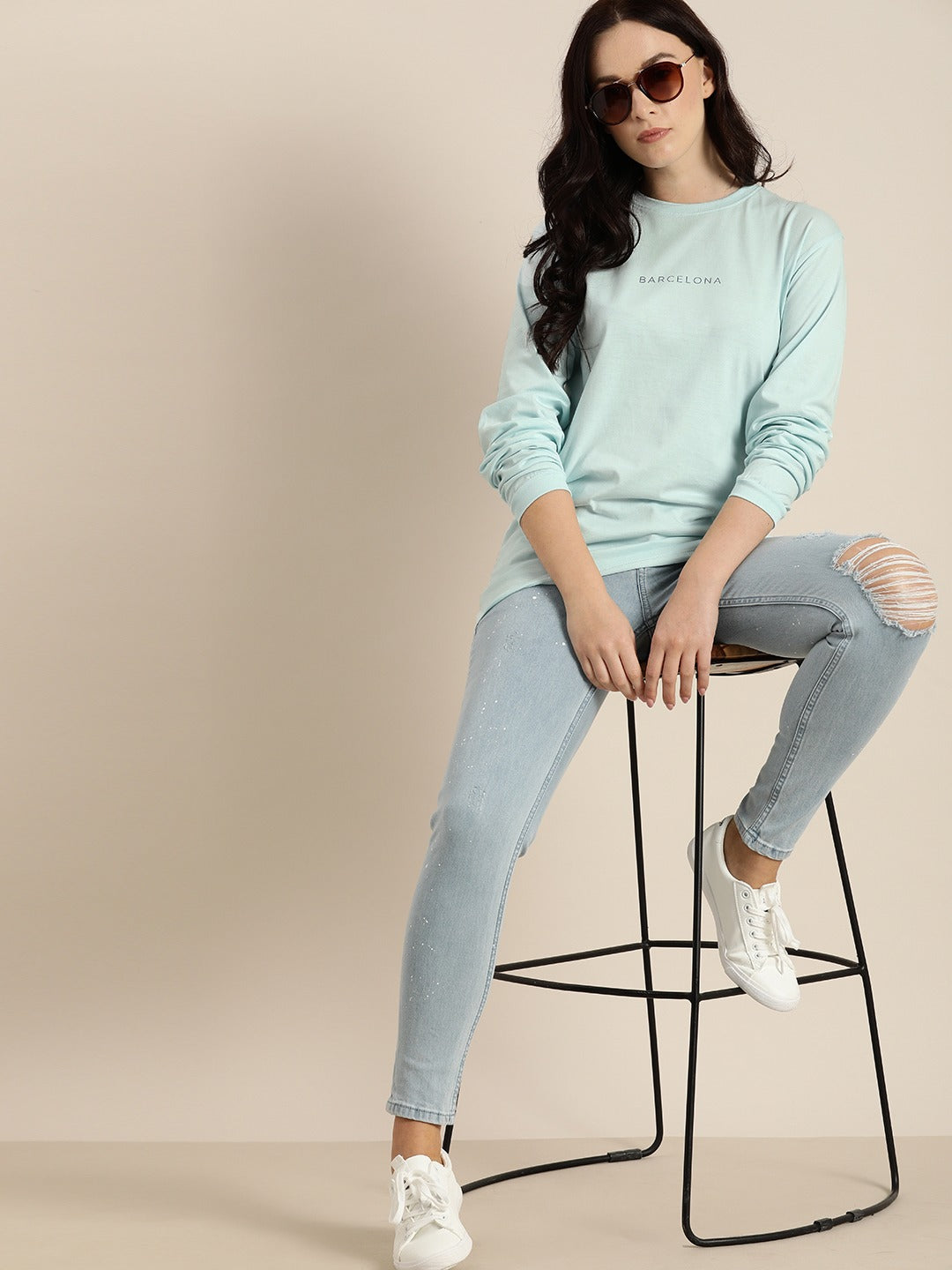 Womens Long Sleeve Round Neck Oversized Fit T-Shirt