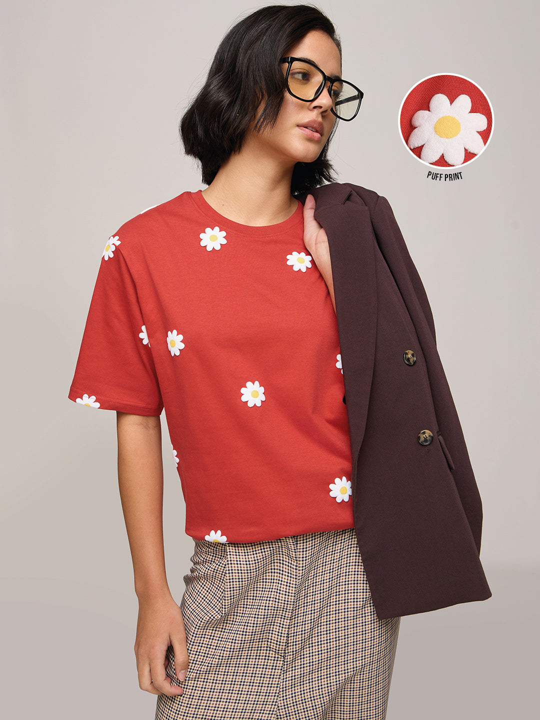 Womens Puff Printed Oversized Fit Cotton T-Shirt
