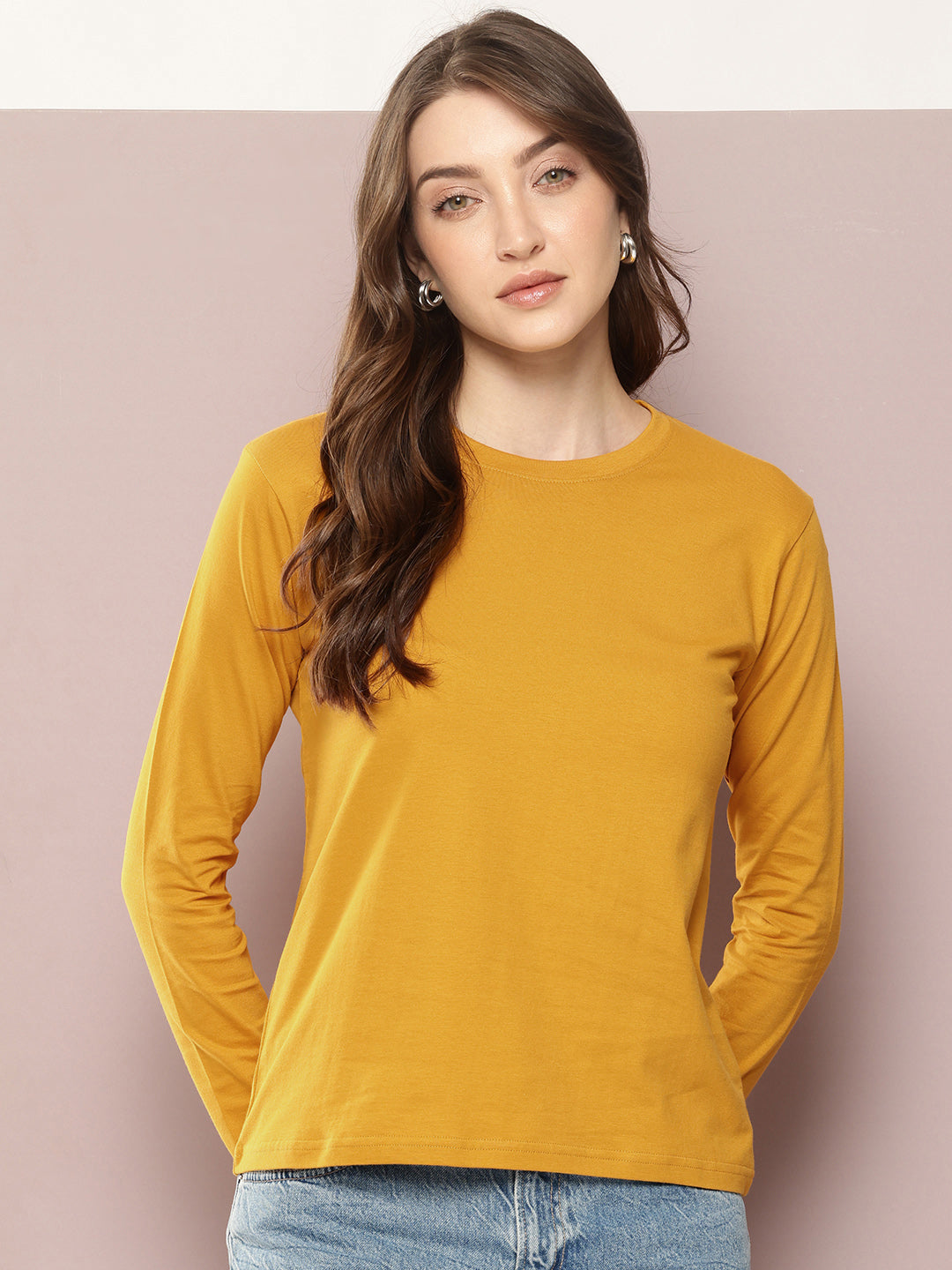 Womens Full Sleeve Round Neck Solid Regular Fit Tshirts
