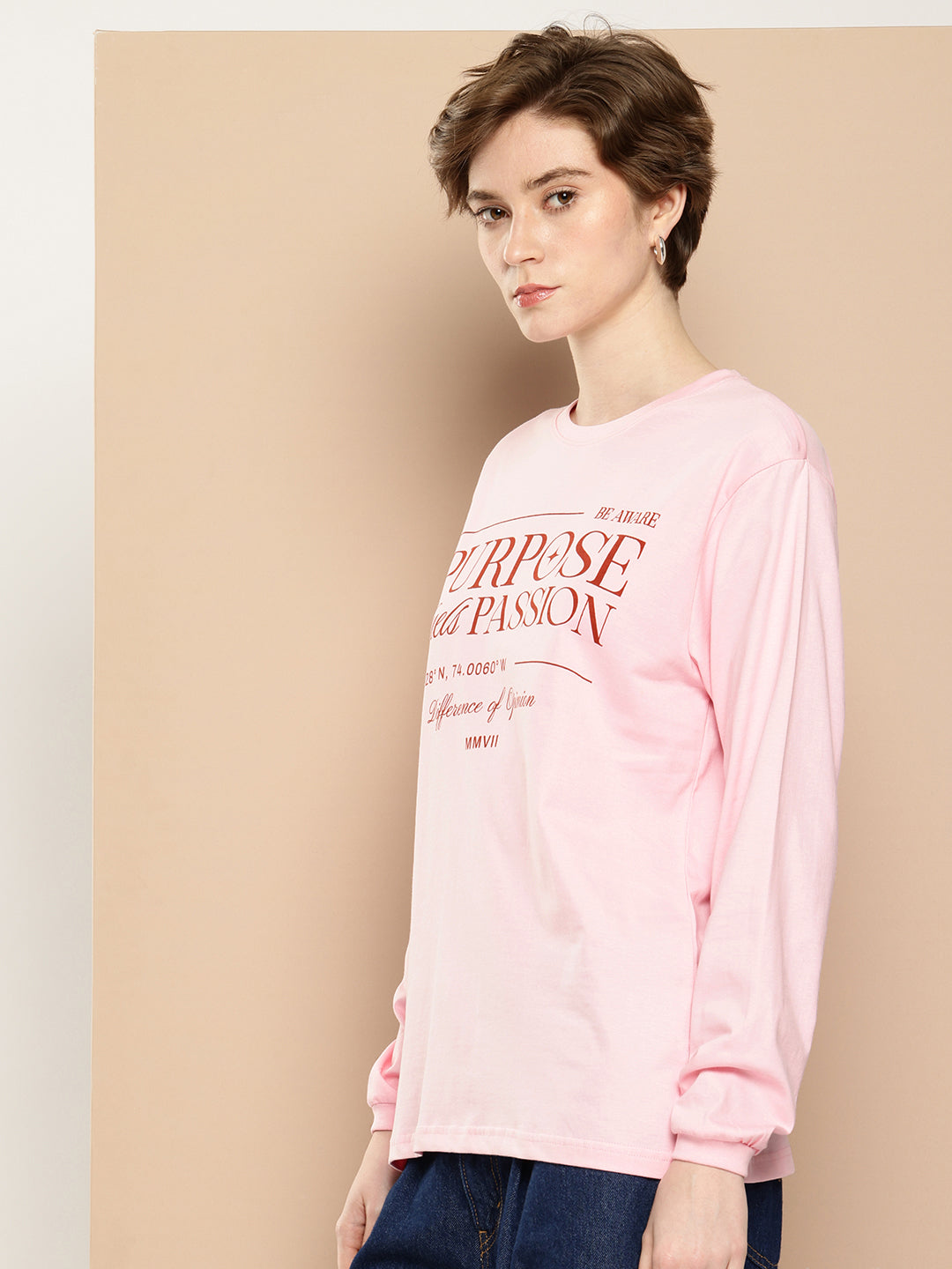 Womens Full Sleeve Round Neck Printed Oversized Fit Tshirts