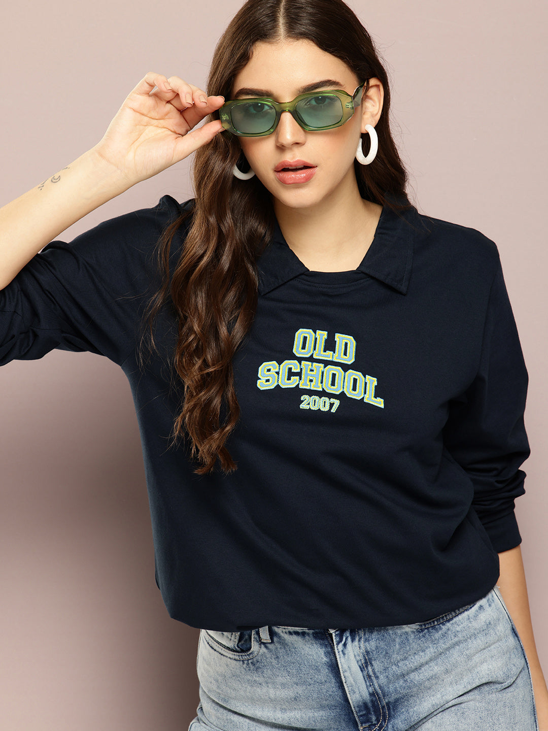 Womens Full Sleeve Polo Neck Printed Oversized Fit Tshirts