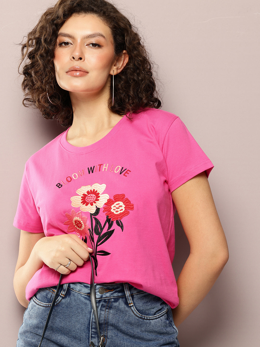Womens Half Sleeve Round Neck Embroidery Boxy Fit Tshirts