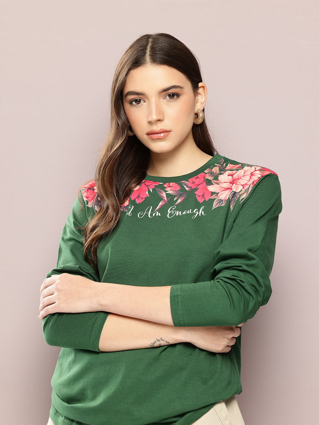 Womens Full Sleeve Round Neck Printed Oversized Fit Tshirts