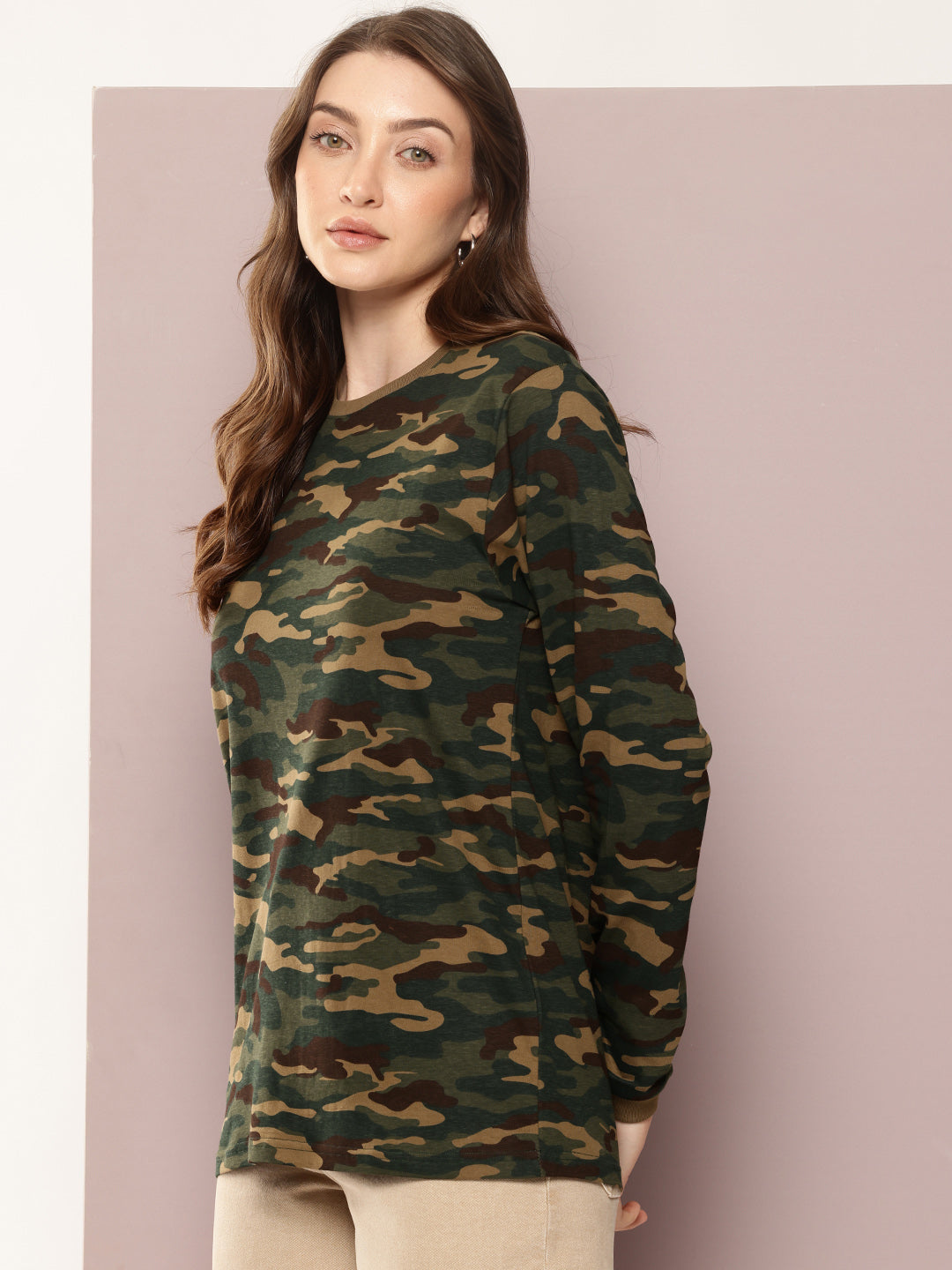 Womens Full Sleeve Round Neck All-Over Printed Oversized Fit Tshirts